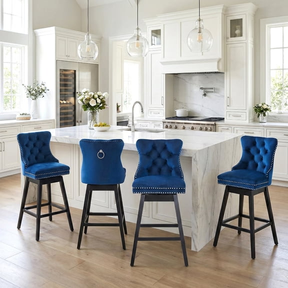 TEWLOSS 30" Swivel Bar Stools Set of 4, Blue Velvet Bar Height Chairs with Back for Home Pub
