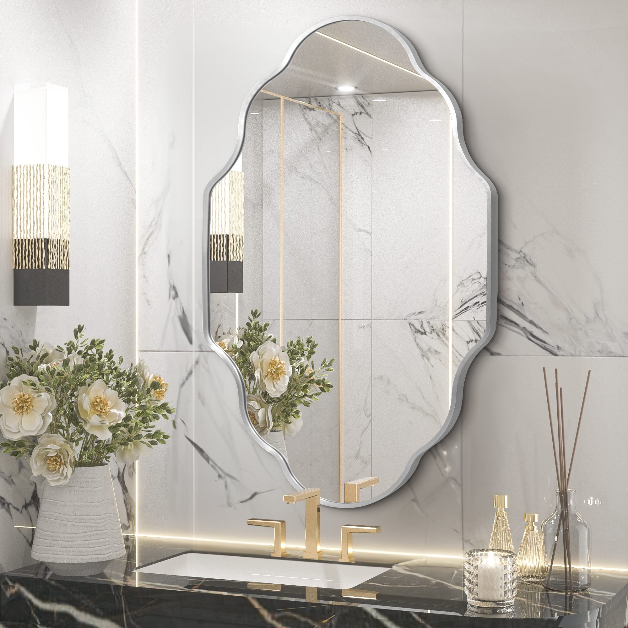 TEWLOSS 36"x20" Scalloped Bathroom Mirror for Wall Mirrors Metal Frame