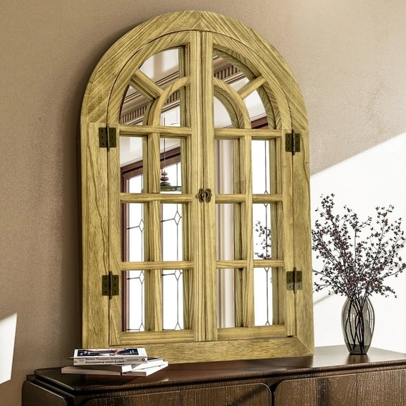 TEWLOSS Arched Wall Mirrors 36"x24" Window Mirror Farmhouse Decor Wood Frame for Bedroom, Natural