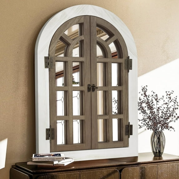 TEWLOSS Arched Wall Mirrors 30"x20" Window Mirror Farmhouse Decor Wood Frame for Bedroom, Brown White