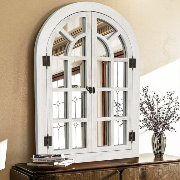 TEWLOSS Arched Wall Mirrors 36"x24" Window Mirror Farmhouse Decor Wood Frame for Bedroom, White