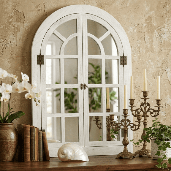 TEWLOSS Arched Wall Mirrors 36"x24" Window Mirror Farmhouse Decor Wood Frame for Bedroom, White
