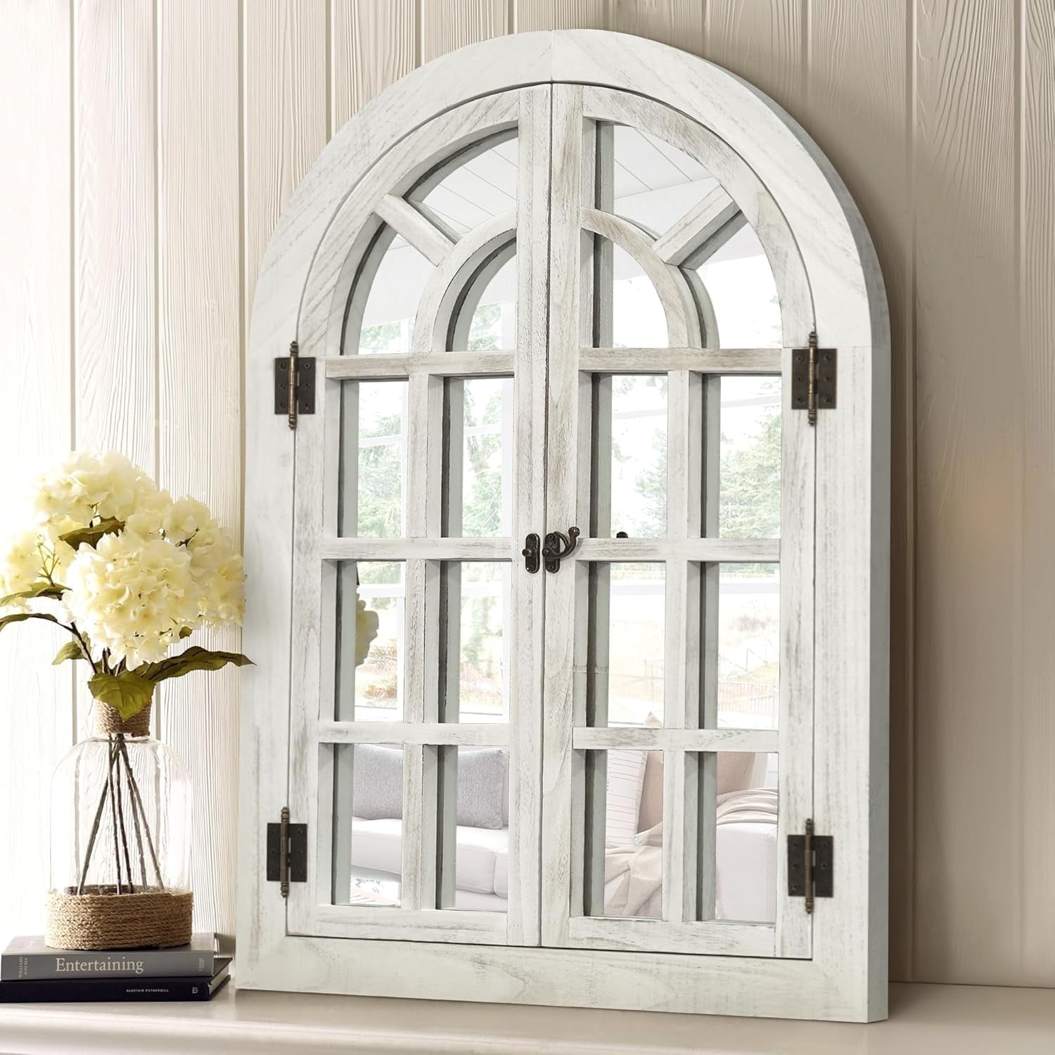 White Farmhouse Arched Wood Framed Decorative Mirror 24" x 36"