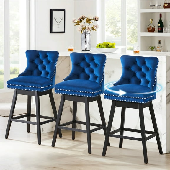 TEWLOSS Bar Stools Set of 3 Swivel 30" Velvet Barstools for Kitchen Island, Blue