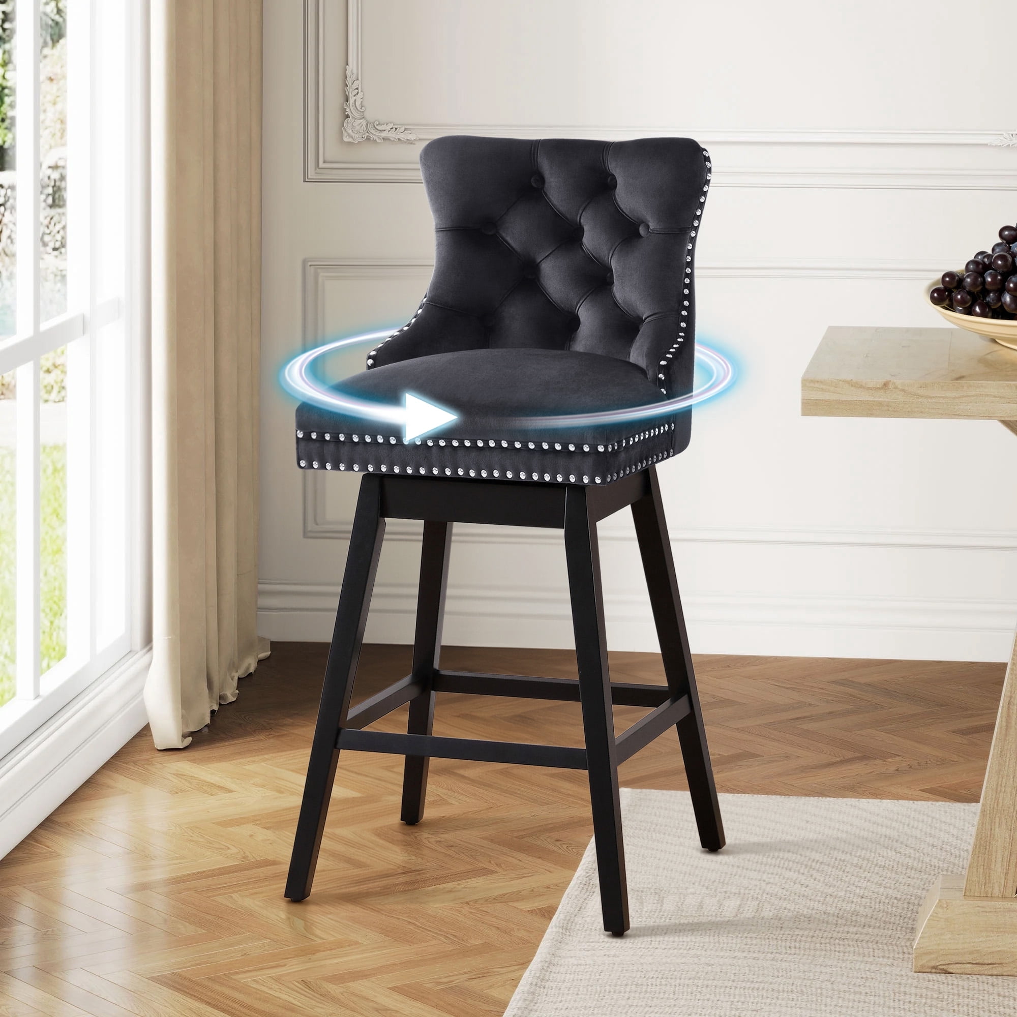 TEWLOSS Bar Stools Swivel 30" Velvet Barstools for Kitchen Island, Black