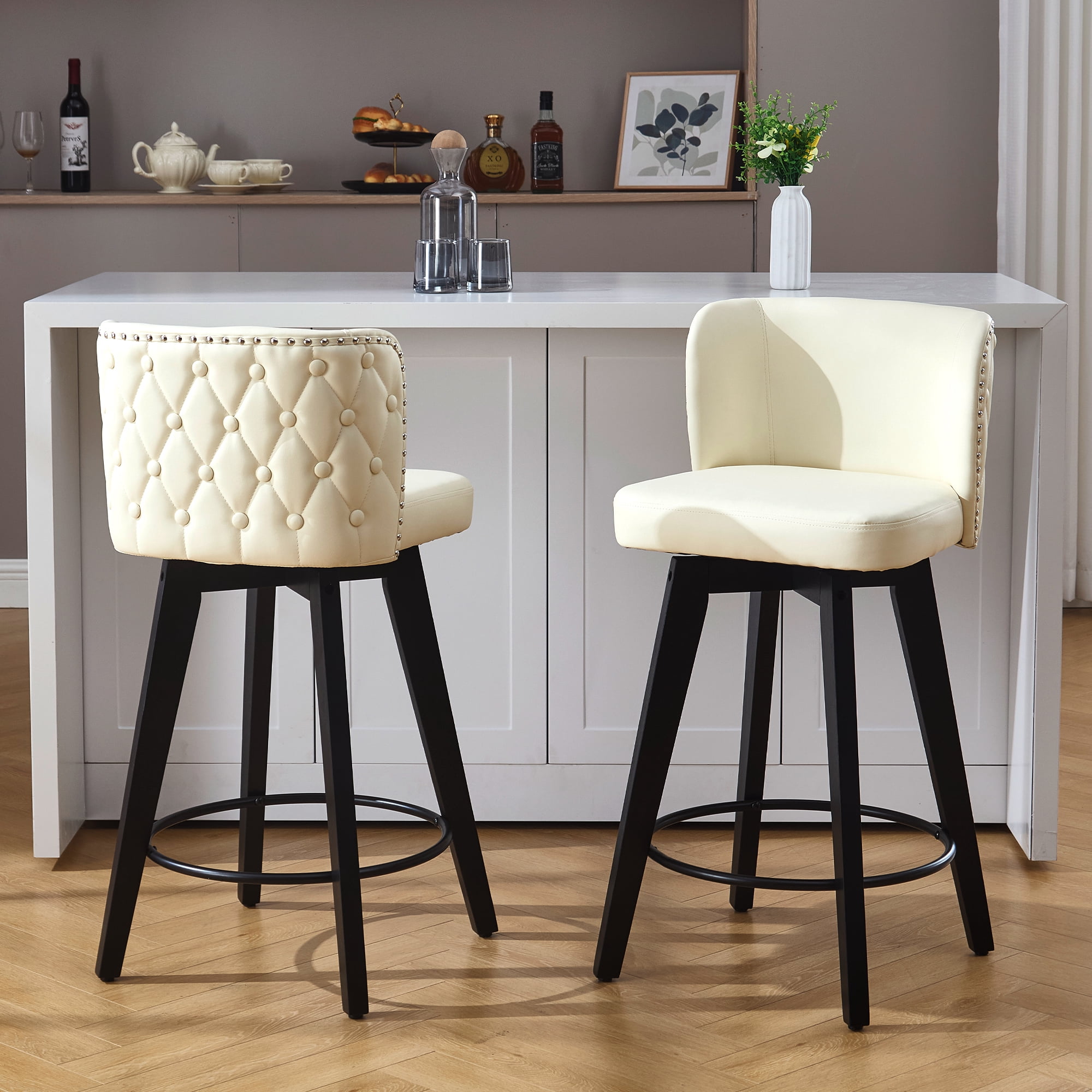 Button Back Stools TEWLOSS Beige Swivel Bar Stools with Back Faux Leather Button Tufted ...