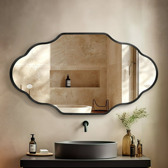 TEWLOSS Black Wall Mirror 46"x26" Scalloped Bathroom Mirrors Metal Frame