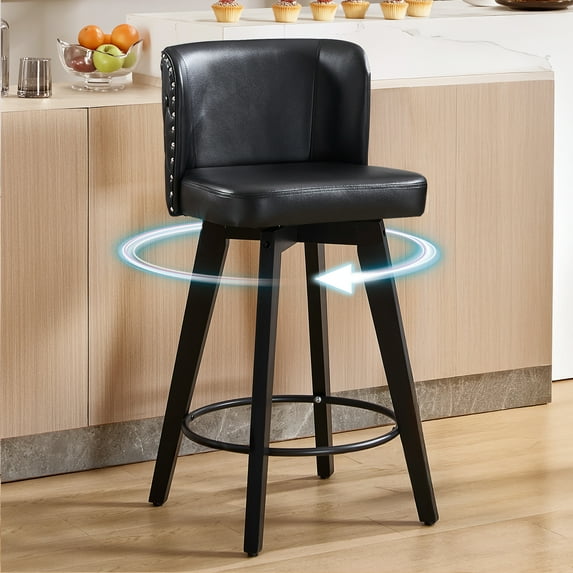 TEWLOSS Counter Height Bar Stools, 27.5in Swivel PU Leather Bar Chairs with Curved Back for Kitchen Island, Black