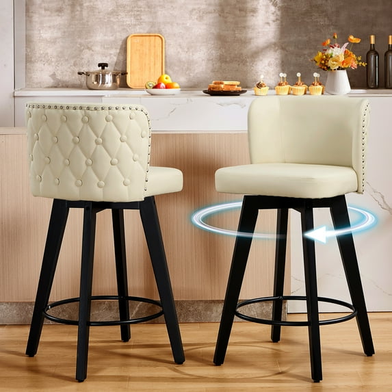 TEWLOSS Counter Height Bar Stools Set of 2, 27.5in Swivel PU Leather Bar Chairs with Curved Back for Kitchen Island, Beige
