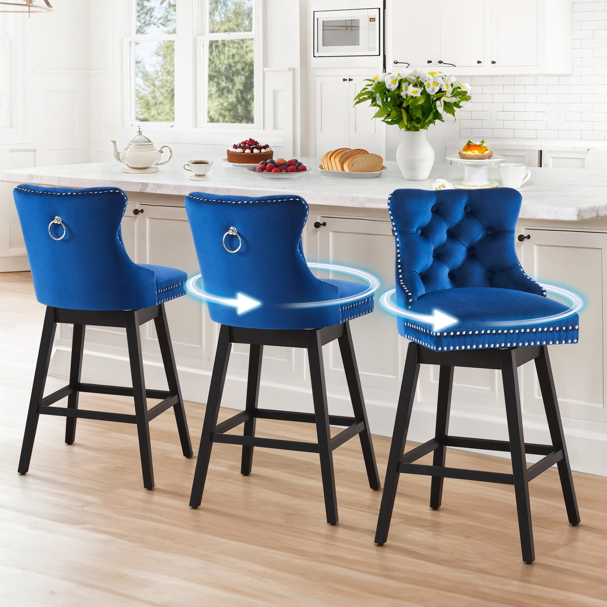 TEWLOSS Counter Height Bar Stools Set of 3 Swivel 26" Velvet Barstools ...