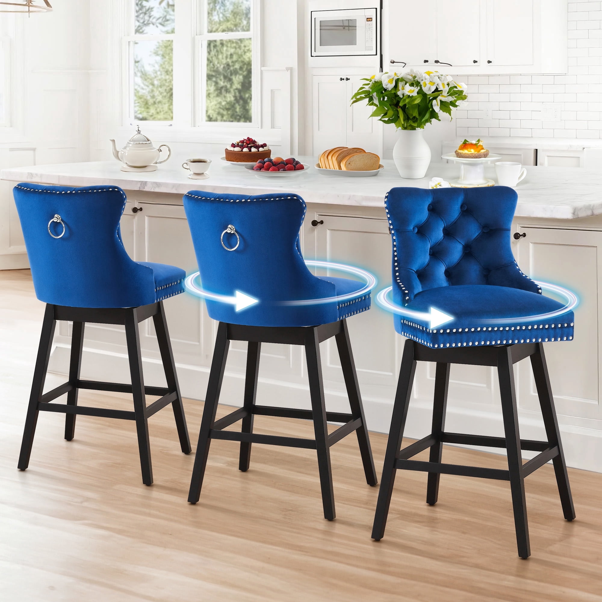 TEWLOSS Counter Height Bar Stools Set of 3 Swivel 26" Velvet Barstools for Kitchen Island, Blue