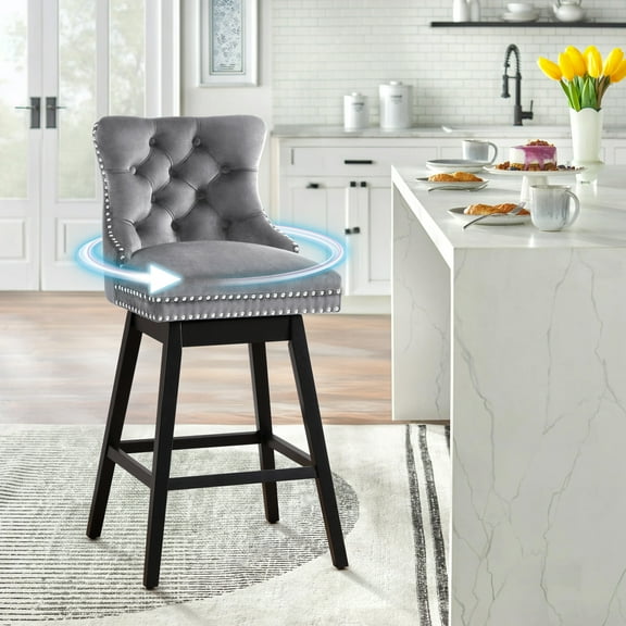 TEWLOSS Counter Height Bar Stools Swivel 26" Velvet Barstools for Kitchen Island, Gray