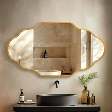 TEWLOSS Gold Wall Mirror 36"x20" Scaloped Bathroom Mirrors Metal Frame