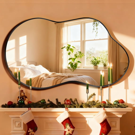 TEWLOSS Irregular Wall Mirror 36"x20" Cloud Shaped Mirrors for Bathroom, Black Aluminum Alloy Frame