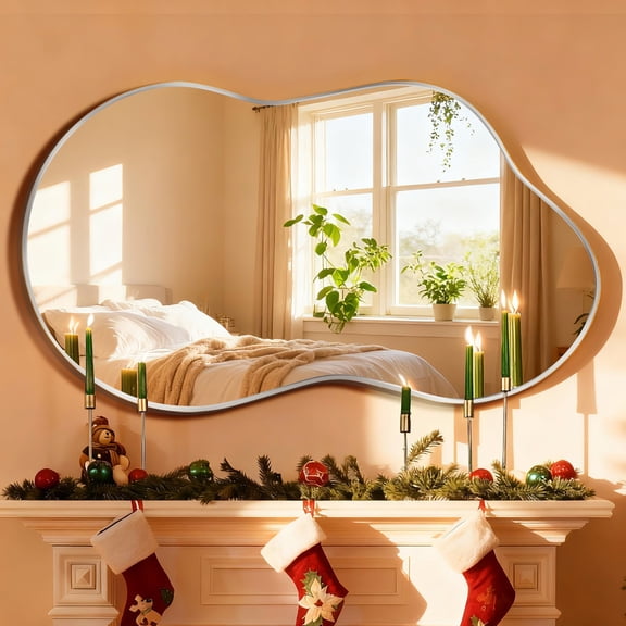 TEWLOSS Irregular Wall Mirror 36"x20" Cloud Shaped Mirrors for Bathroom, Silver Aluminum Alloy Frame