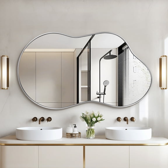 TEWLOSS Irregular Wall Mirror 36"x20" Cloud Shaped Mirrors for Bathroom, Silver Aluminum Alloy Frame