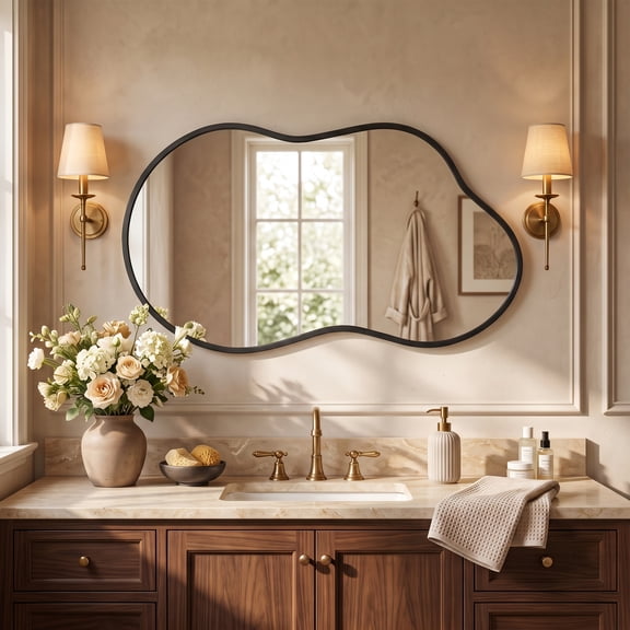 TEWLOSS Irregular Wall Mirror 36"x24" Cloud Shaped Mirrors for Bathroom, Black Aluminum Alloy Frame