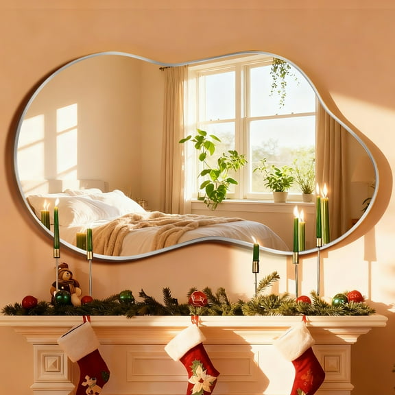 TEWLOSS Irregular Wall Mirror 46"x26" Cloud Shaped Mirrors for Bathroom, Silver Aluminum Alloy Frame
