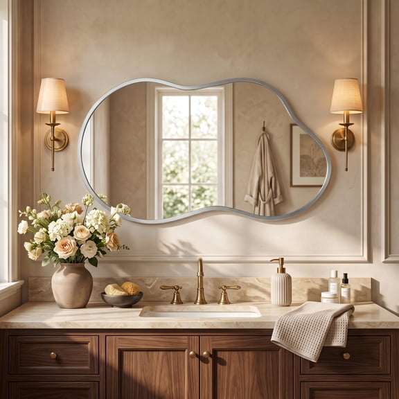 TEWLOSS Irregular Wall Mirror Cloud Shaped Asymmetrical Mirrors for Bathroom 36"x24", Silver
