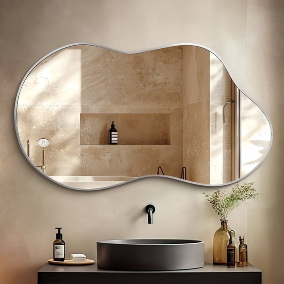 TEWLOSS Irregular Wall Mirror Cloud Shaped Asymmetrical Mirrors for Bathroom 46"x26", Silver