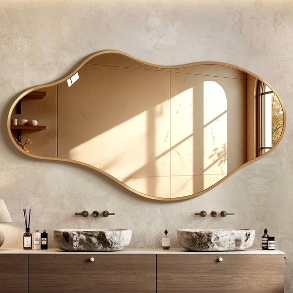 TEWLOSS Irregular Wall Mirror Decorative 43"x 24" Gold Bathroom Mirrors Metal Frame, Drop Shape