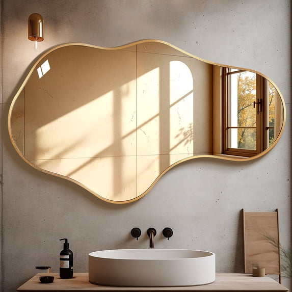 TEWLOSS Irregular Wall Mirror Decorative 43"x 26" Gold Bathroom Mirrors Metal Frame, Dolphin Shape