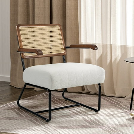 TEWLOSS Modern Rattan Accent Chair Upholstered Armchair Comfy Sherpa Fabric Chair, Walnut