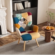 TEWLOSS Patchwork Accent Chair Living Room Chairs with Wooden Leg, Boho Blue