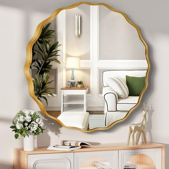 TEWLOSS Round Mirrors Wall Mirror 24" Wavy Mirror for Bathroom Gold Aluminum Alloy Frame