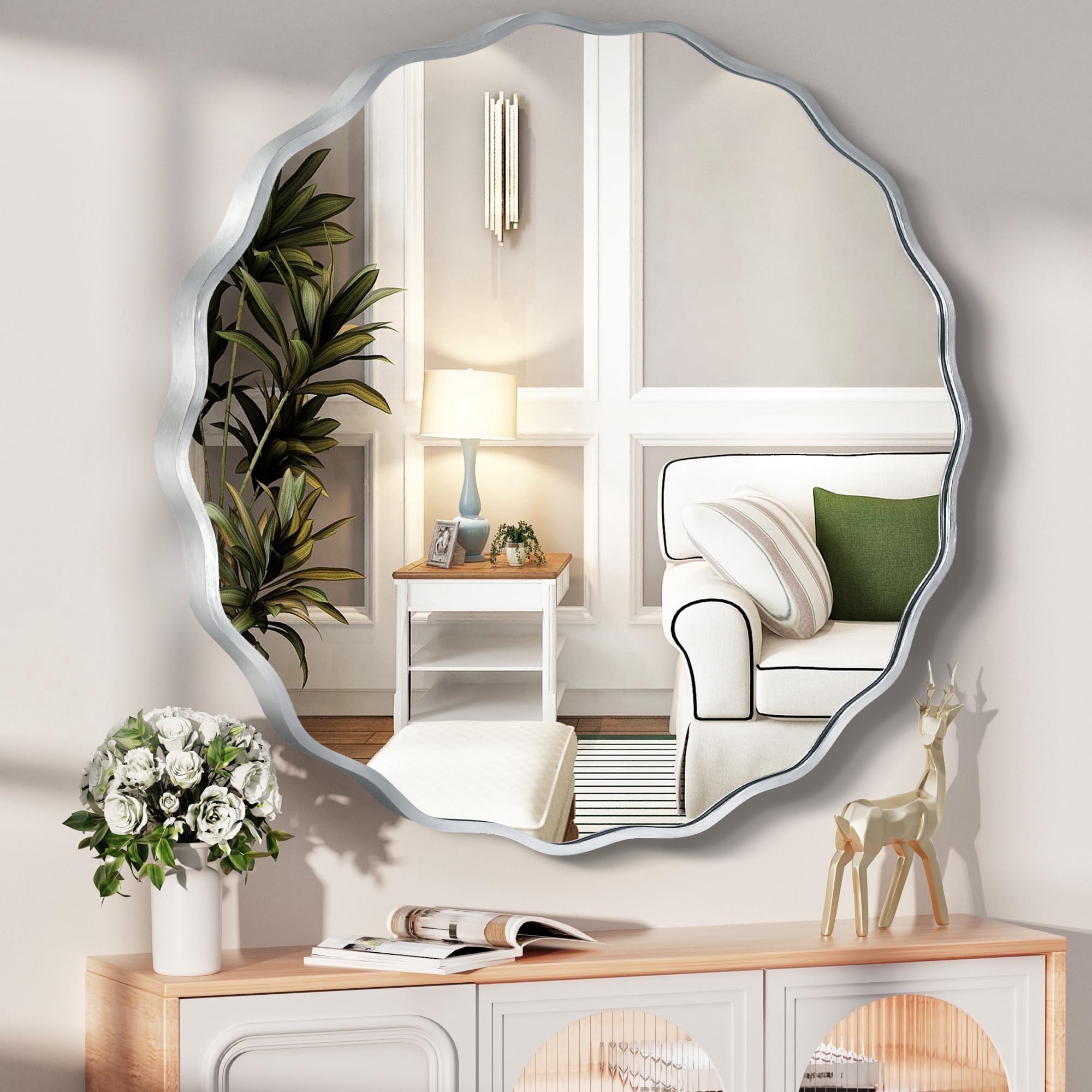 TEWLOSS Round Mirrors Wall Mirror 32" Wavy Mirror for Bathroom Silver Aluminum Alloy Frame