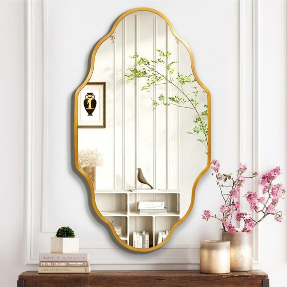 TEWLOSS Scalloped Bathroom Mirrors Wall Mirror, 36"x20" Gold Aluminum Frame