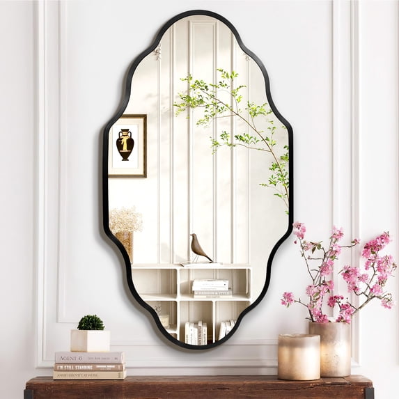 TEWLOSS Scalloped Bathroom Mirrors Wall Mirror, 36"x24" Black Aluminum Frame