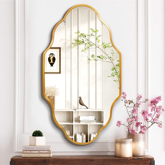 TEWLOSS Scalloped Bathroom Mirrors Wall Mirror, 36"x24" Gold Aluminum Frame