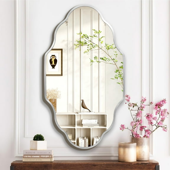 TEWLOSS Scalloped Bathroom Mirrors Wall Mirror, 36"x24" Silver Aluminum Frame