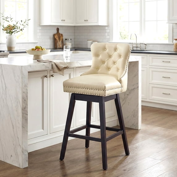 TEWLOSS Swivel Bar Stools, 30" Bar Height Faux Leather Chairs with Back for Home Bar, Beige