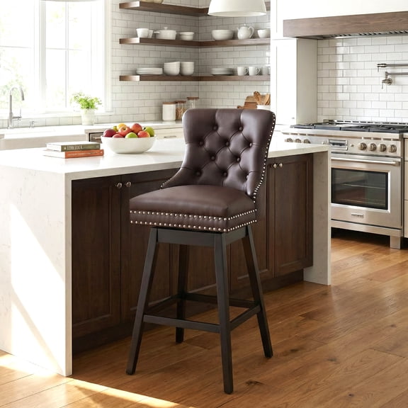 TEWLOSS Swivel Bar Stools, 30" Bar Height Faux Leather Chairs with Back for Home Bar, Brown