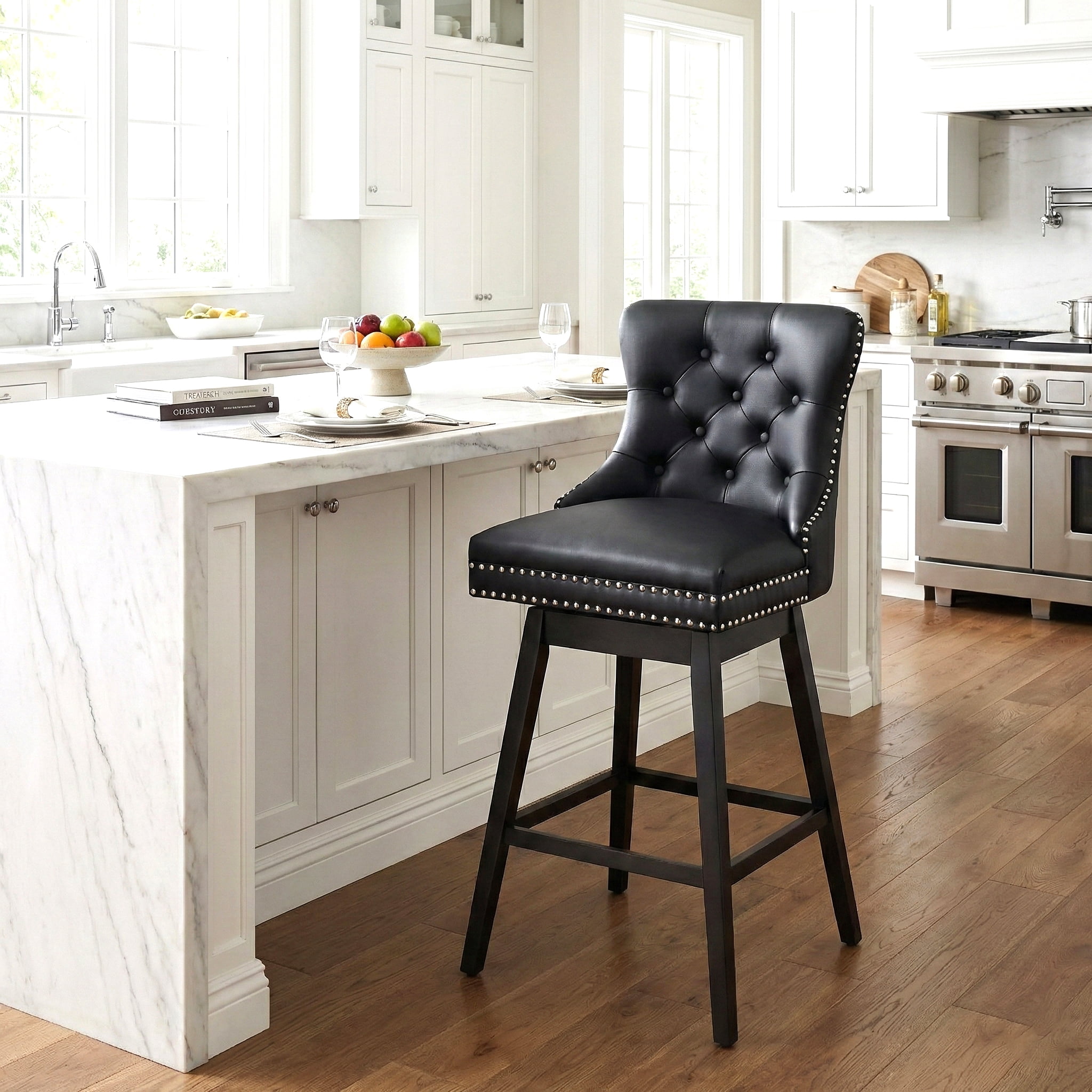 Fahomiss 26" Counter Height Swivel Bar Stools 1-pack, Faux Leather Kitchen Island Stools with Back, Black