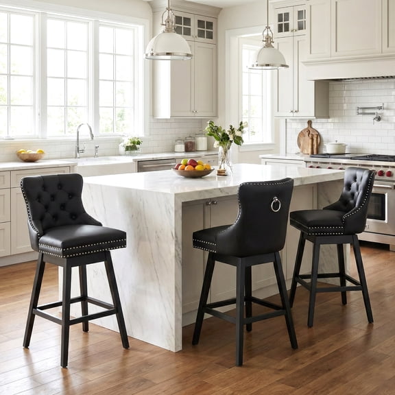 TEWLOSS Swivel Bar Stools Counter Height Set of 3, 26" Faux Leather Kitchen Island Chairs with Back, Black