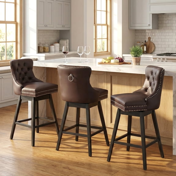 TEWLOSS Swivel Bar Stools Counter Height Set of 3, 26" Faux Leather Kitchen Island Chairs with Back, Brown