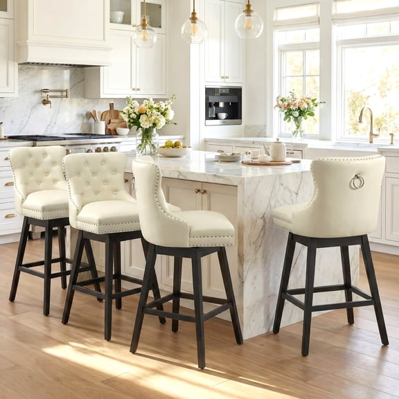 TEWLOSS Swivel Bar Stools Counter Height Set of 4, 26" Faux Leather Kitchen Island Chairs with Back, Beige