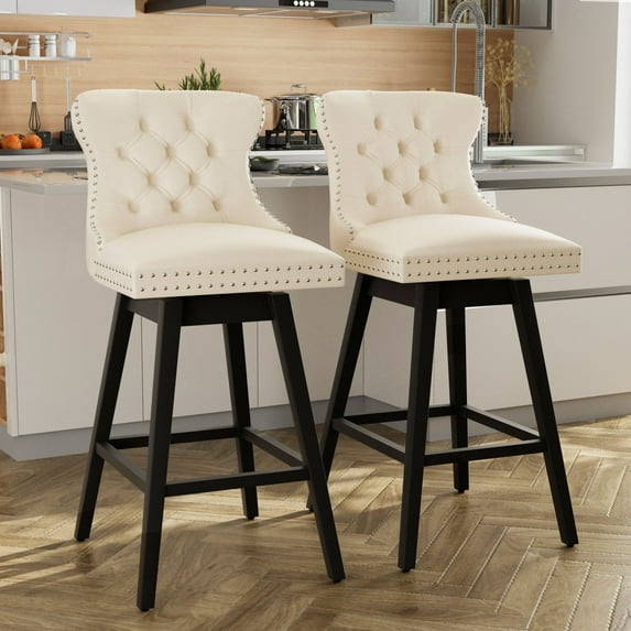 TEWLOSS 30" Swivel Bar Height Bar Stools with Back Set of 2, Beige Velvet Kitchen Stools