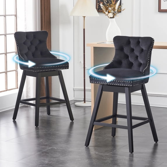TEWLOSS 30" Swivel Bar Height Bar Stools with Back Set of 2, Black Velvet Kitchen Stools