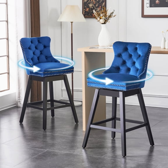 TEWLOSS 30" Swivel Bar Height Bar Stools with Back Set of 2, Blue Velvet Kitchen Stools