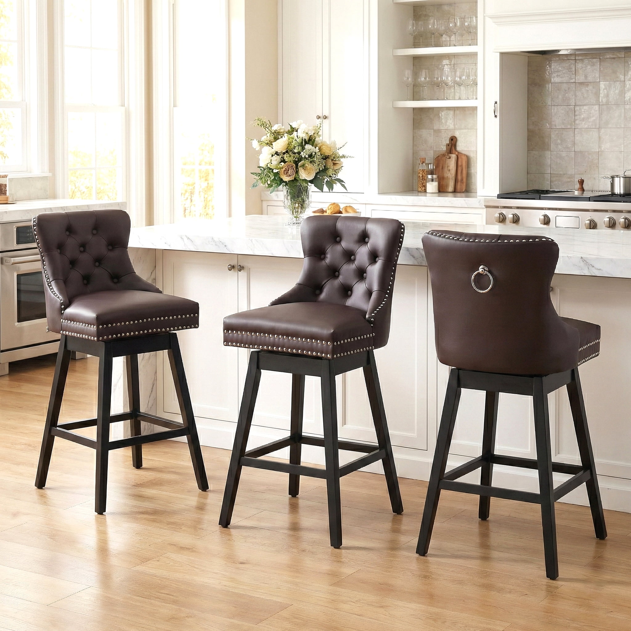 TEWLOSS Swivel Bar Stools Set of 3, 30" Bar Height Faux Leather Chairs with Back for Home Bar, Brown