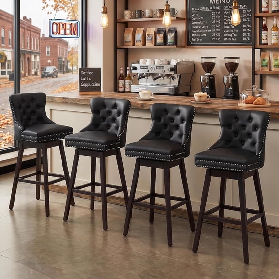 Fahomiss 30" Set of 4 Swivel Bar Stools with Back, Modern Upholstered Bar Height Faux Leather Barstools for Home Bar Kitchen Dining, Black
