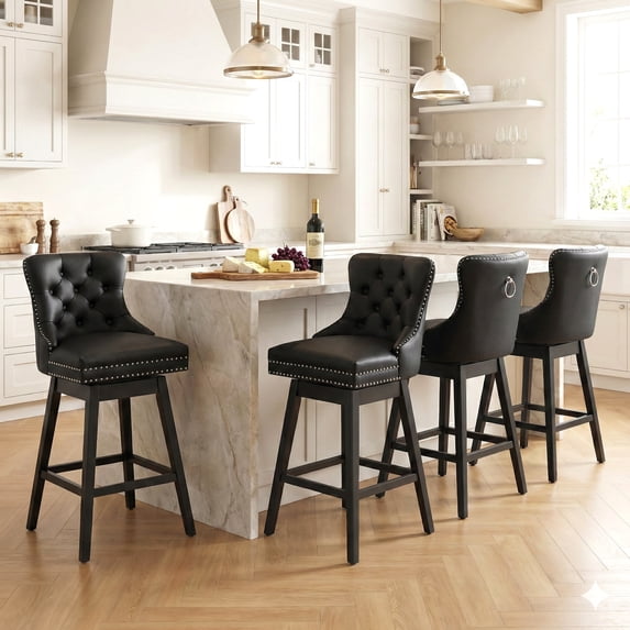 TEWLOSS Swivel Bar Stools Set of 4, 30" Bar Height Faux Leather Chairs with Back for Home Bar, Black