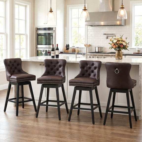 TEWLOSS Swivel Bar Stools Set of 4, 30" Bar Height Faux Leather Chairs with Back for Home Bar, Brown