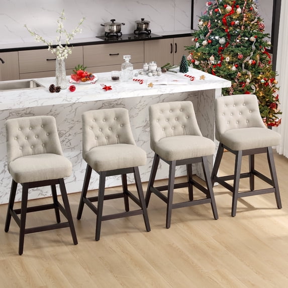 TEWLOSS Swivel Bar Stools Set of 4 Linen Fabric Barstools for Kitchen Island (29", Beige)
