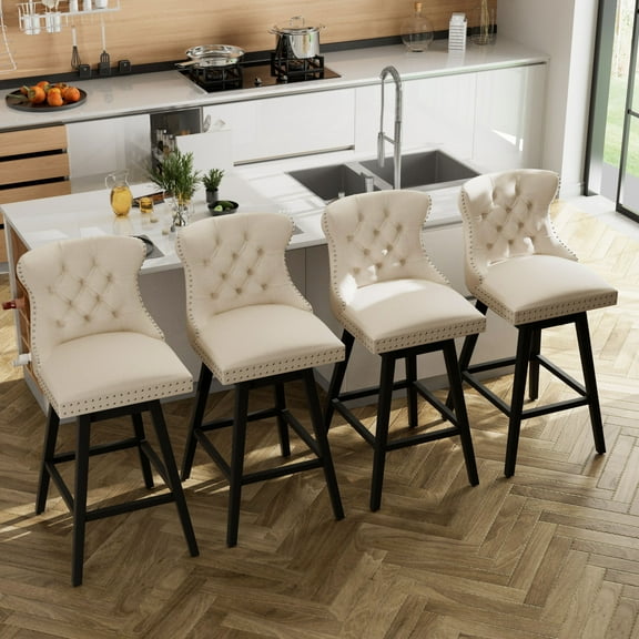 TEWLOSS 30" Swivel Bar Height Bar Stools Set of 4, Beige Velvet Kitchen Stools with Back