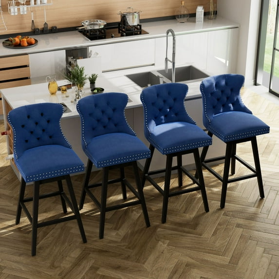 TEWLOSS 30" Swivel Bar Height Bar Stools Set of 4, Blue Velvet Kitchen Stools with Back